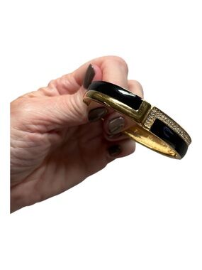 Vintage Monet 1980’s Gold-plated Black Enamel Pavé Accent Hinged Bangle Bracelet